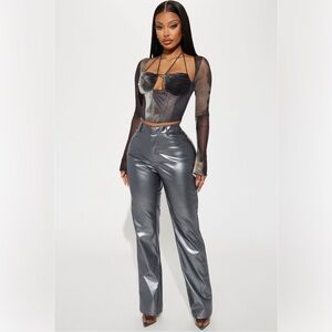 Metallic faux leather straight leg pant